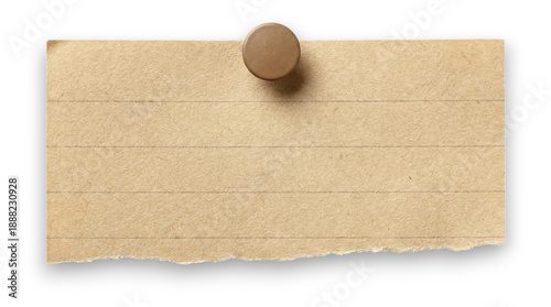 Fotografie Torn brown paper note with push pin attached isolated on transparent background