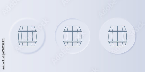 Grey Wooden barrel icon isolated on grey background. Alcohol barrel, drink container, wooden keg for beer, whiskey, wine. Set icons in square buttons. Vector