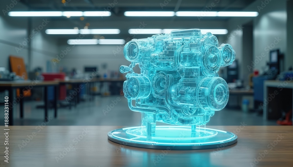 Obraz premium Futuristic engine hologram displayed in a modern workshop. This advanced technology shows intricate mechanical details on a digital interface, representing innovation and engineering.