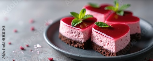 Obraz  z motywem Heart shaped pink cheesecakes with red glaze and mint leaves on dark plate. Sweet desserts are presented on table with raspberry sprinkles. Lovely food for romantic celebration.