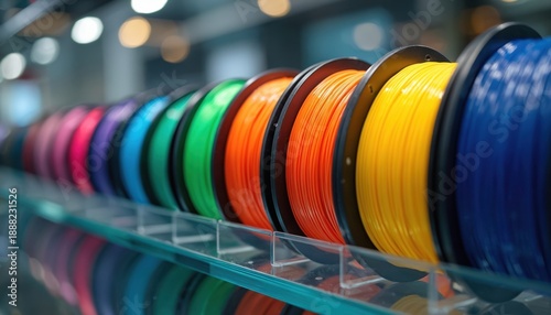 Spools of colorful 3D printer filament arranged neatly on a shelf. Various plastic materials like PLA and ABS are visible in bright hues. This represents innovation, creation, and hobbyist pursuits.