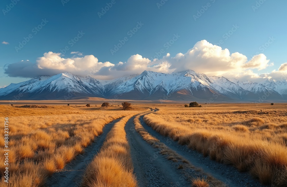 Obraz premium Dirt road winds through golden dry grass towards snow capped mountains under a blue sky with clouds. Rural landscape with distant trees and vast open space.