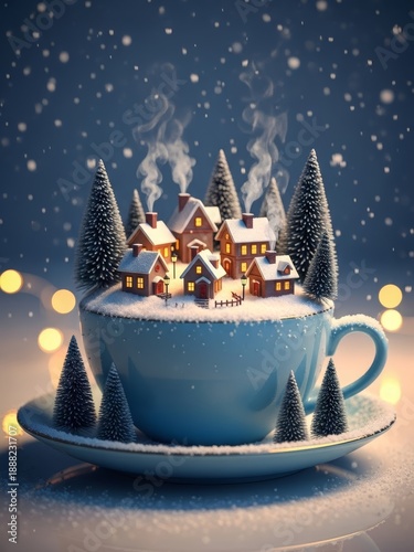 Minimal surreal winter scene inside a blue cup with snow and tiny trees, peaceful seasonal concept with cool tones