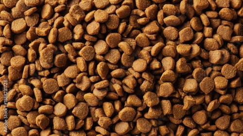 Brown dry dog food kibble texture for pet nutrition and feeding.