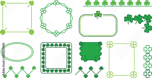 Modern outline shamrock borders minimal design flat vector pack with vibrant green thin-line square minimalist clover corner pins geometric circular spaced-out shamrocks horizontal repeating heads 