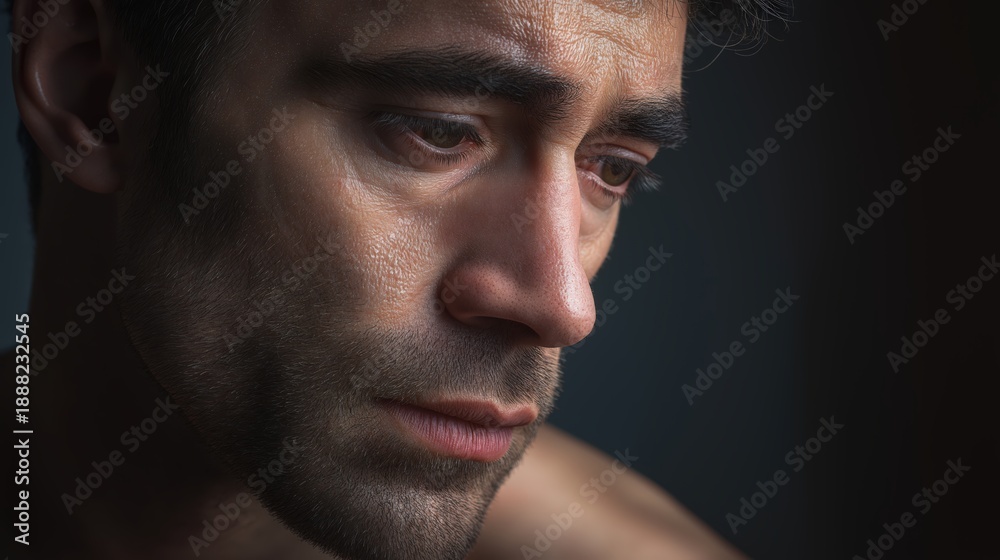 Obraz premium Cinematic close up portrait of a thoughtful man in side light, expressing introspection and calm.