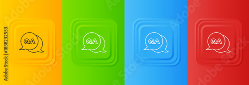 White Speech bubbles with Question and Answer icon isolated on colorful background. Q and A symbol. FAQ sign. Chat speech bubble and chart. Set icons in square buttons. Vector