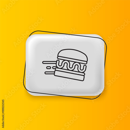 Black Online ordering and burger delivery icon isolated on yellow background. Silver rectangle button. Vector