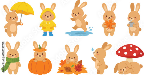 Tan bunny autumn weather character with 10 rainy day poses umbrella raincoat boots puddle maple leaf mug scarf pumpkin leaves mushroom seasonal fall flat vector illustration