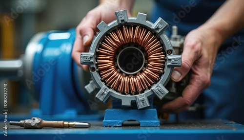 Technician repairs electric motor stator windings. Close up view of copper coils in armature for industrial machinery maintenance. Tools nearby.