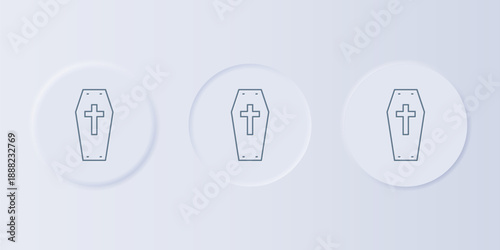 Grey Coffin with christian cross icon isolated on grey background. Happy Halloween party. Set icons in square buttons. Vector