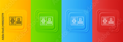 White Passport with biometric data icon isolated on colorful background. Identification Document. Set icons in square buttons. Vector