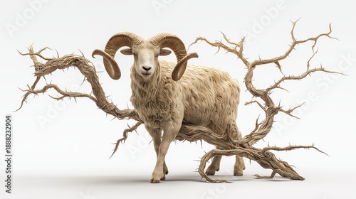 A sacrificial ram standing still with its horns caught in dense thorns, symbolizing obedience, deliverance, and the Abraham and Isaac biblical narrative.