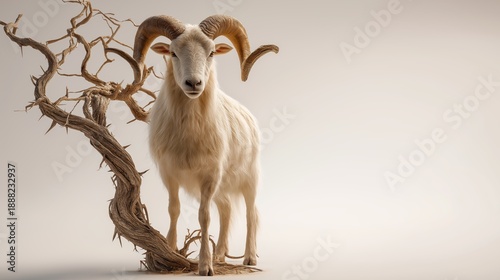 A sacrificial ram standing still with its horns caught in dense thorns, symbolizing obedience, deliverance, and the Abraham and Isaac biblical narrative.