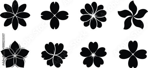 Black vector silhouette set of eight simple flower icons with various petal shapes for minimalist floral logo garden nature and spring decorative graphic design,