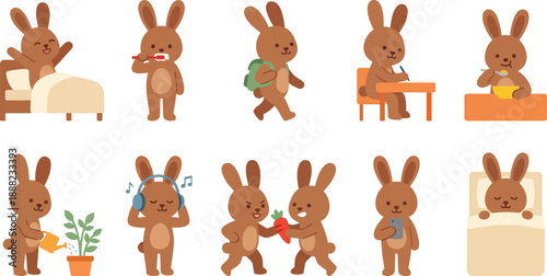 Brown bunny character daily routine collection with 10 poses waking stretching brushing teeth walking backpack writing eating watering plant headphones sleeping flat vector illustration