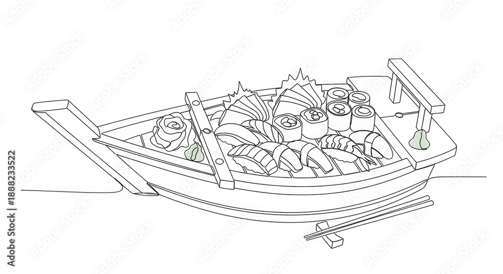 Fototapeta premium Japanese Sushi Boat Presentation - Simple Line Art Sketch