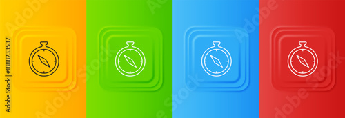 White Compass icon isolated on colorful background. Windrose navigation symbol. Wind rose sign. Set icons in square buttons. Vector