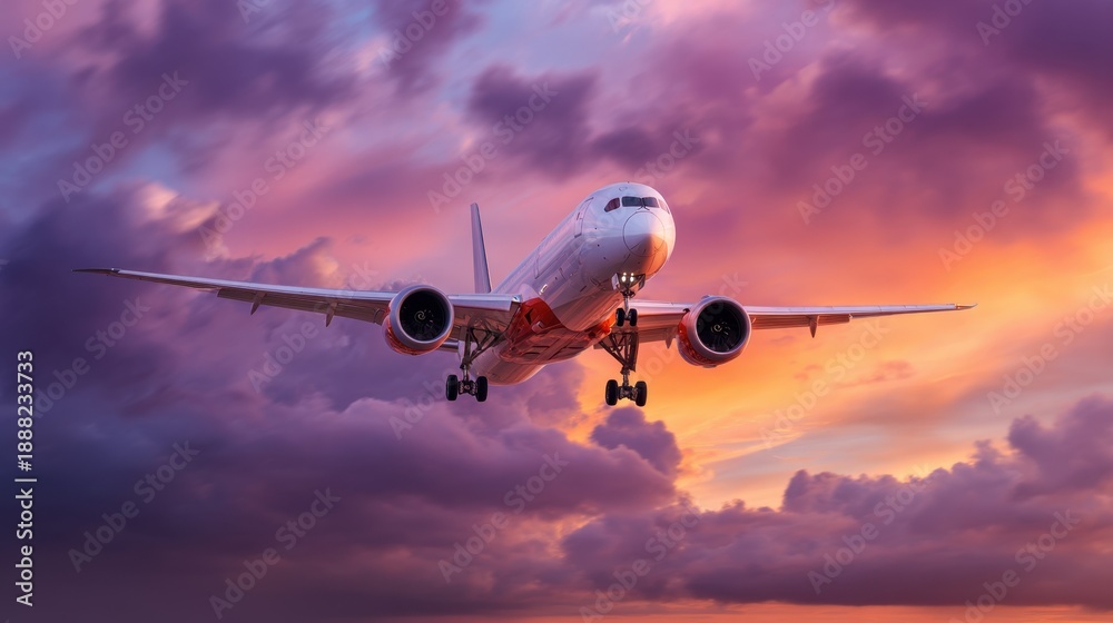 Obraz premium Airplane soaring through vibrant sunset sky with dramatic clouds.