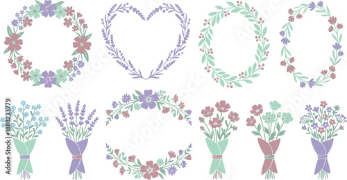 Bohemian pastel wildflower wreaths and bouquets with 10 elements lavender dusty rose mint green round heart oval crescent mixed flowers berries leaves rustic fabric ties flat vector
