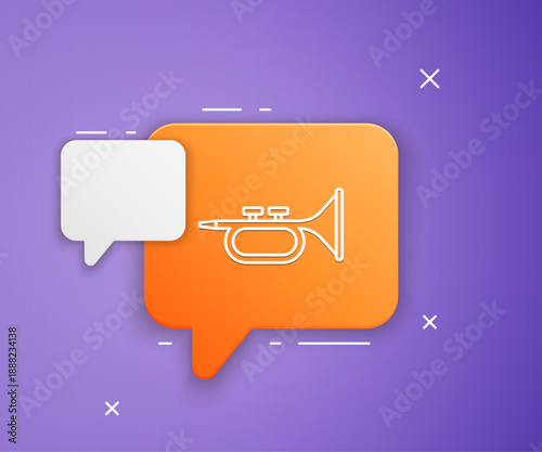 White Musical instrument trumpet icon isolated on purple background. Orange speech bubble symbol. Vector