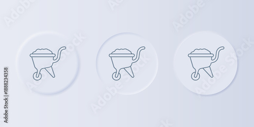 Grey Wheelbarrow with dirt icon isolated on grey background. Tool equipment. Agriculture cart wheel farm. Set icons in square buttons. Vector