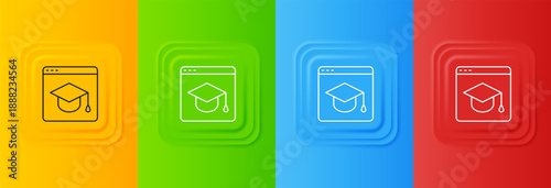 White Online education and graduation icon isolated on colorful background. Online teacher on monitor. Webinar and video seminar learning. Set icons in square buttons. Vector