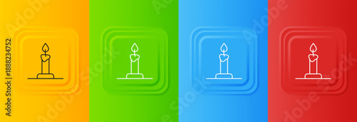 White Burning candle in candlestick icon isolated on colorful background. Cylindrical candle stick with burning flame. Set icons in square buttons. Vector