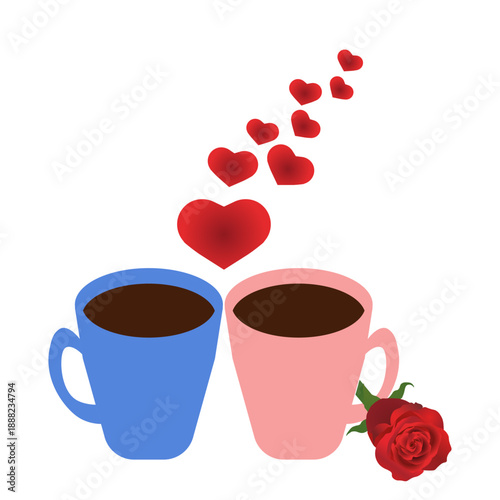 Blue and Pink Coffee Cups with Red Rose and Red Hearts