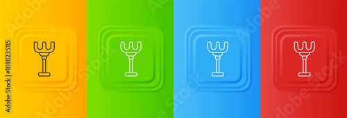 White Rake toy icon isolated on colorful background. Children toy for beach games. Set icons in square buttons. Vector