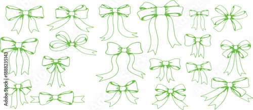 : An artistic collection of hand drawn bows and ribbons varying in size and style presented in a delicate green and white sketch aesthetic high-quality