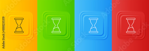 White Old hourglass with flowing sand icon isolated on colorful background. Sand clock sign. Business and time management concept. Set icons in square buttons. Vector