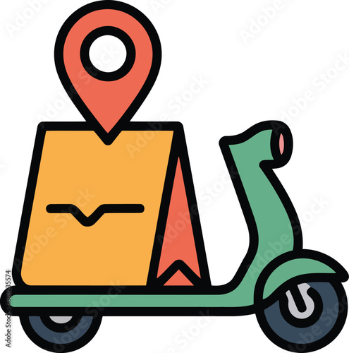 Food delivery scooter with insulated bag and location pin for courier tracking service concept