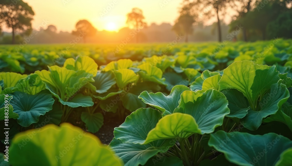 Fototapeta premium Rows of rich green taro plants grow in a sunlit agricultural field at dawn. The warm golden sun rises over the horizon creating a soft hazy glow. Tall trees dot the background. Peaceful farming scene.