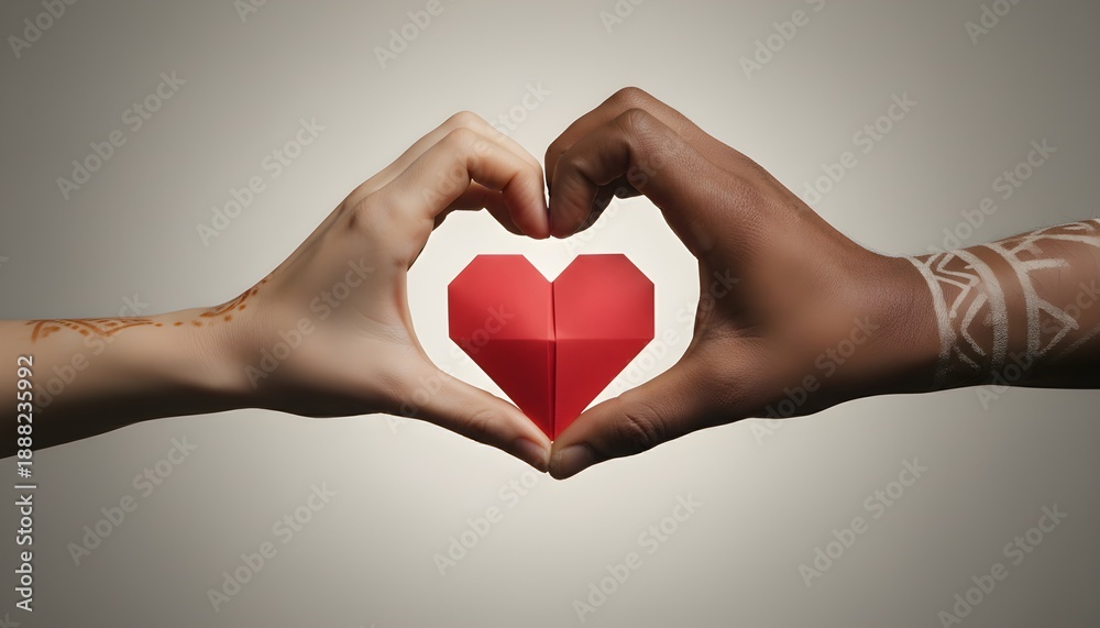 Obraz premium Diverse hands forming heart shape with red paper