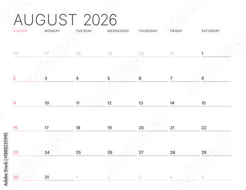 August 2026 monthly calendar planner template. Clean minimalist organizer design, week starts on Sunday. Simple business schedule vector illustration for wall or desk printable stationery