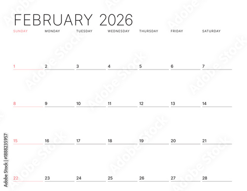 February 2026 calendar template. Week starts on Sunday. A minimal planner design for monthly scheduling and organization. Vector illustration for a printable professional agenda layout