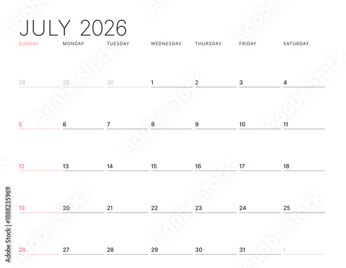 Minimalist monthly calendar planner template for July 2026. Week starts on Sunday. Clean simple design for business planning or personal schedule. Vector illustration for easy editing and printing