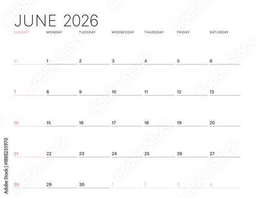 June 2026 monthly calendar template. Week starts on Sunday. Minimalist vector illustration for a planner or schedule. Clean and modern organizer design for business or personal agenda