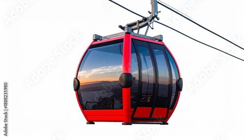 Modern Red Gondola Lift Isolated on White Background with Scenic Sunset Reflection