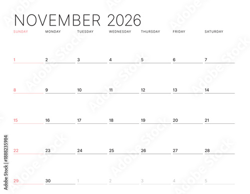 Elegant calendar planner template for November 2026. Week starts Sunday. A clean, professional vector illustration for a monthly schedule or agenda. Ideal for business or personal organization