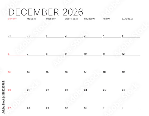 December 2026 monthly calendar planner template. Week starts on Sunday. Minimalist organizer design. Vector illustration for schedule, agenda, business planning. Simple printable clean layout
