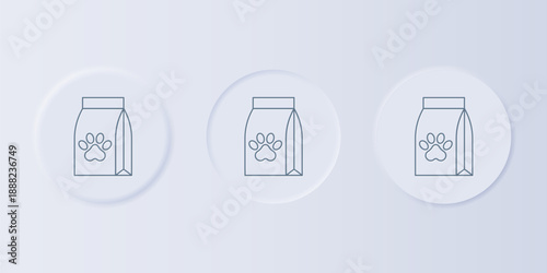 Grey Bag of food for pet icon isolated on grey background. Food for animals. Dog bone sign. Pet food package. Set icons in square buttons. Vector