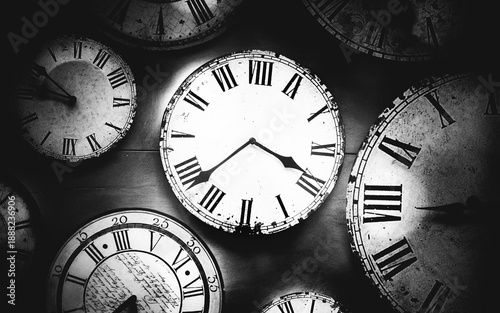 Multiple vintage clocks symbolizing time and urgency
