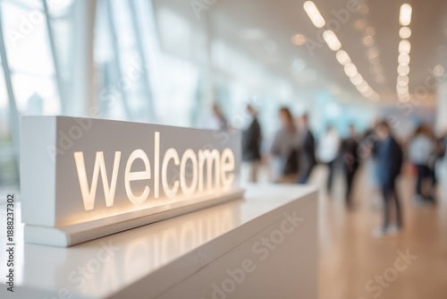 Stunning photo of Modern illuminated welcome sign on a white reception desk in a blurred corporate office lobby or event hall