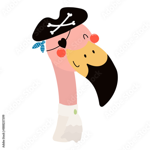 Cute little flamingo pirate isolated on transparent. Kawaii cartoon character. Hand drawn flat vector illustration. Kids nautical design element, clip art, fashion print, poster, wall art