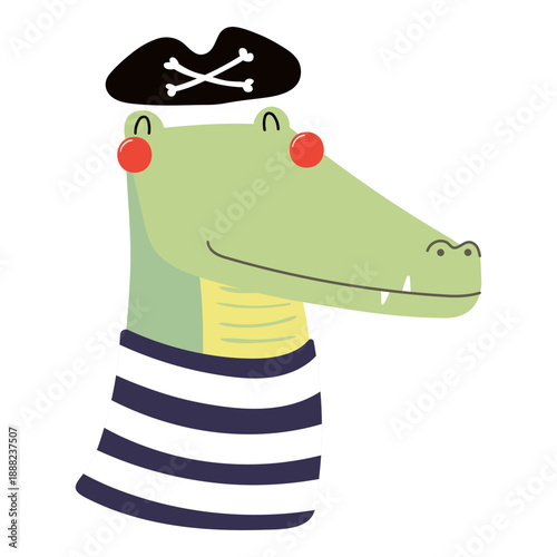Cute little crocodile pirate isolated on transparent. Kawaii cartoon character. Hand drawn flat vector illustration. Kids nautical design element, clip art, fashion print, poster, wall art