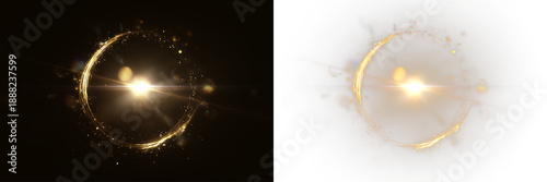Gold Light Halo with Sparkling Particles Isolated on Transparent Background PNG. Golden circle isolated