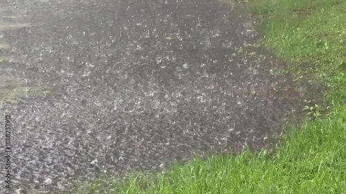 Strong raindrops hit a shallow flood and create big splashes near the grass line. The water surface is full of ripples from the storm.