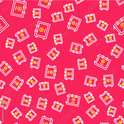 Line Safe icon isolated seamless pattern on red background. The door safe a bank vault with a combination lock. Reliable Data Protection. Vector
